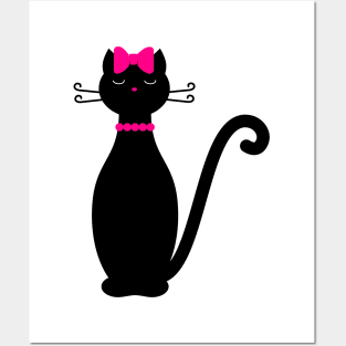 Black Cat with Pink Ribbon Posters and Art